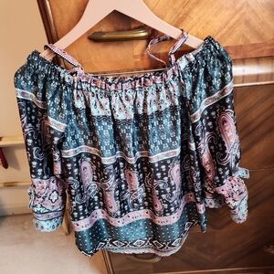A. Byer Black Paisley Off-Shoulder Blouse with Pink and Teal Accents